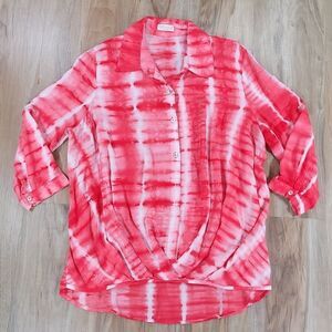 🔹️Just Living Pink & White Tie Die Hi-Low 3/4 Adjustable Sleeve Blouse
